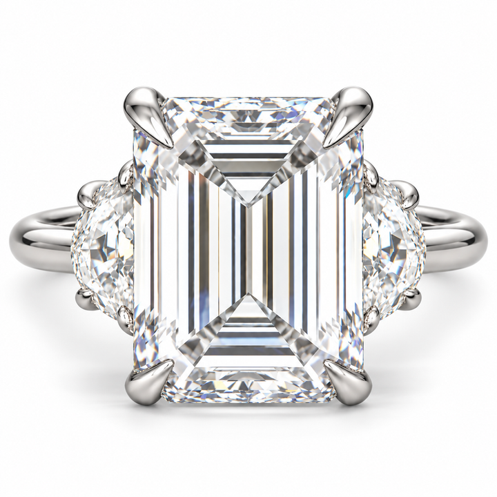 5 CT Emerald Cut Lab-Grown Diamond Three Stone Engagement Ring with Half Moon Side Diamonds, D–F Color, VS1–VS2 Clarity, IGI Certified, 14K White Gold