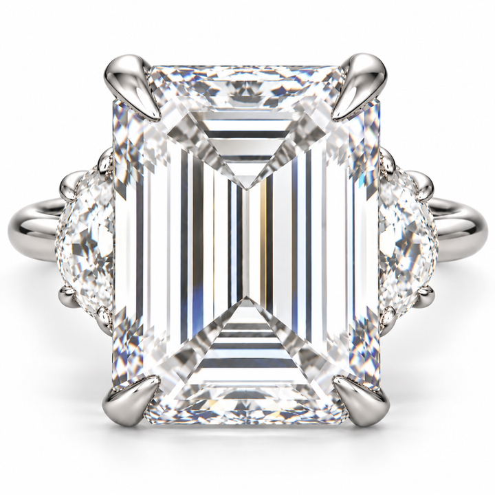 7 CT Emerald Cut Lab-Grown Diamond Three Stone Engagement Ring with Half Moon Side Diamonds, D–F Color, VS1–VS2 Clarity, IGI Certified, 14K White Gold