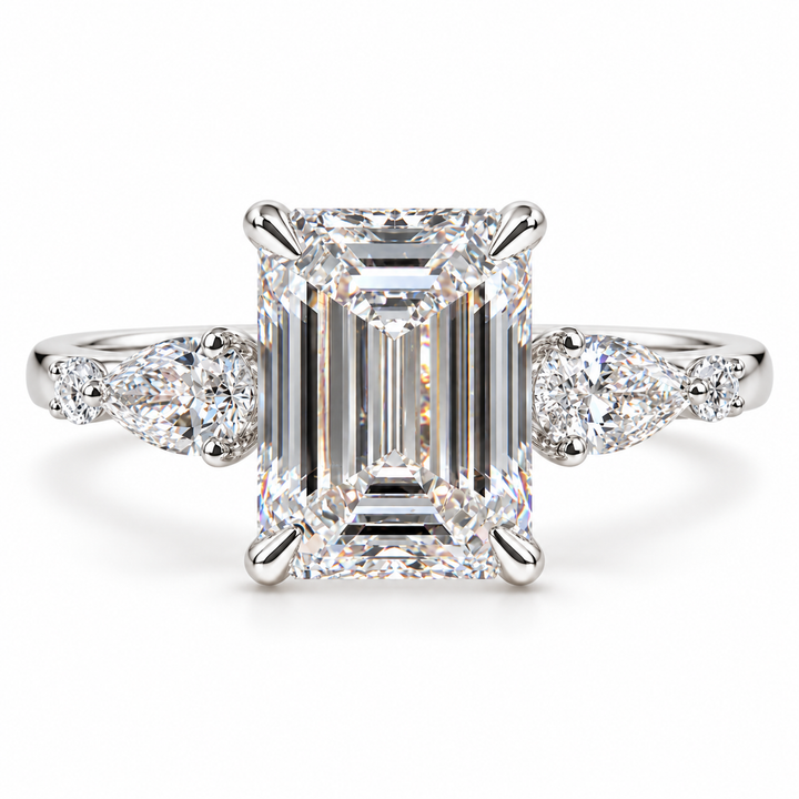 4 CT Emerald Cut Lab-Grown Diamond Engagement Ring, D–F Color, VS1–VS2 Clarity, IGI Certified, 14K White Gold, Side Stone Luxury Setting