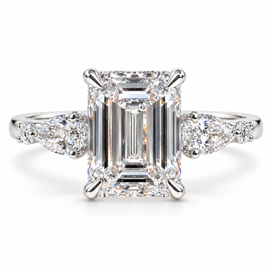 4 CT Emerald Cut Lab-Grown Diamond Engagement Ring, D–F Color, VS1–VS2 Clarity, IGI Certified, 14K White Gold, Side Stone Luxury Setting