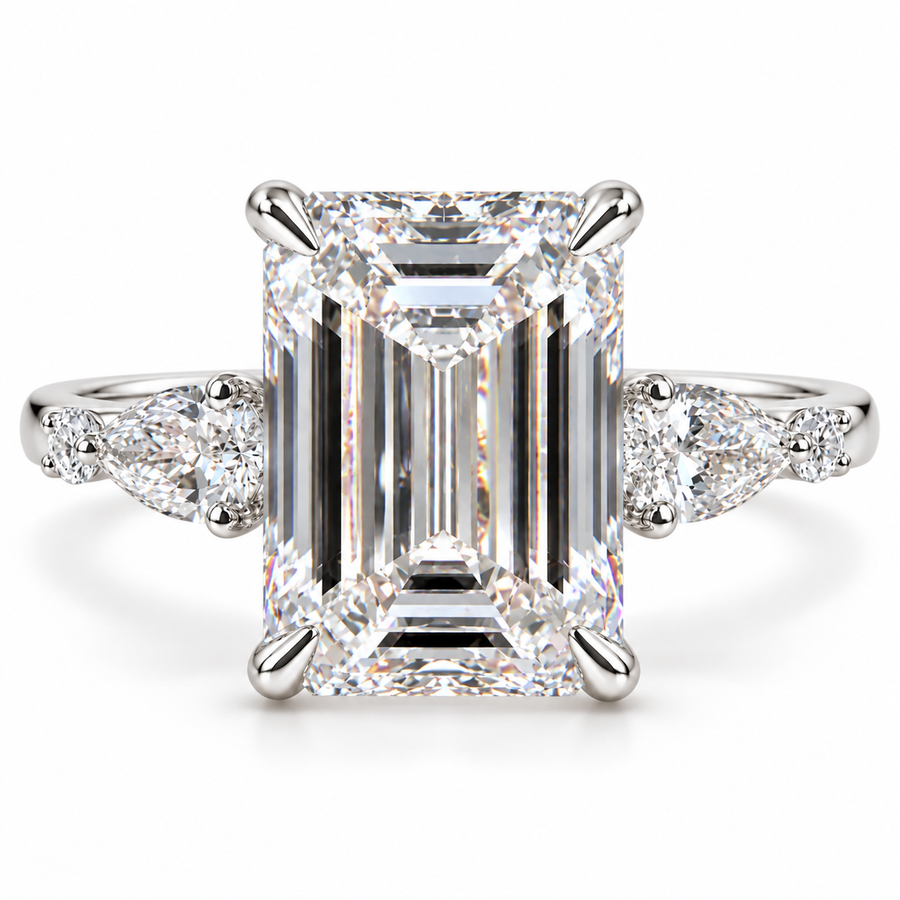 5 CT Emerald Cut Lab-Grown Diamond Engagement Ring, D–F Color, VS1–VS2 Clarity, IGI Certified, 14K White Gold, Side Stone Luxury Setting