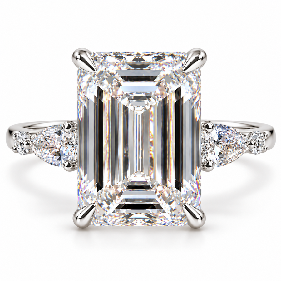 6 CT Emerald Cut Lab-Grown Diamond Engagement Ring, D–F Color, VS1–VS2 Clarity, IGI Certified, 14K White Gold, Side Stone Luxury Setting