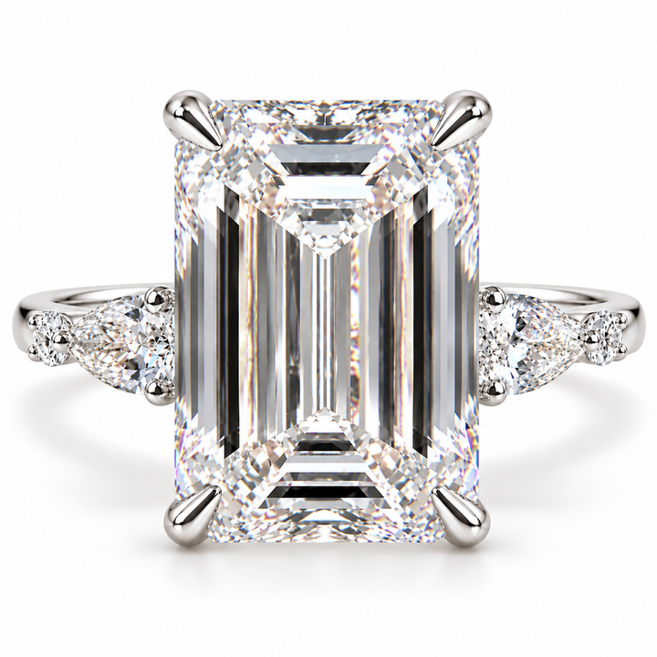 7 CT Emerald Cut Lab-Grown Diamond Engagement Ring, D–F Color, VS1–VS2 Clarity, IGI Certified, 14K White Gold, Side Stone Luxury Setting