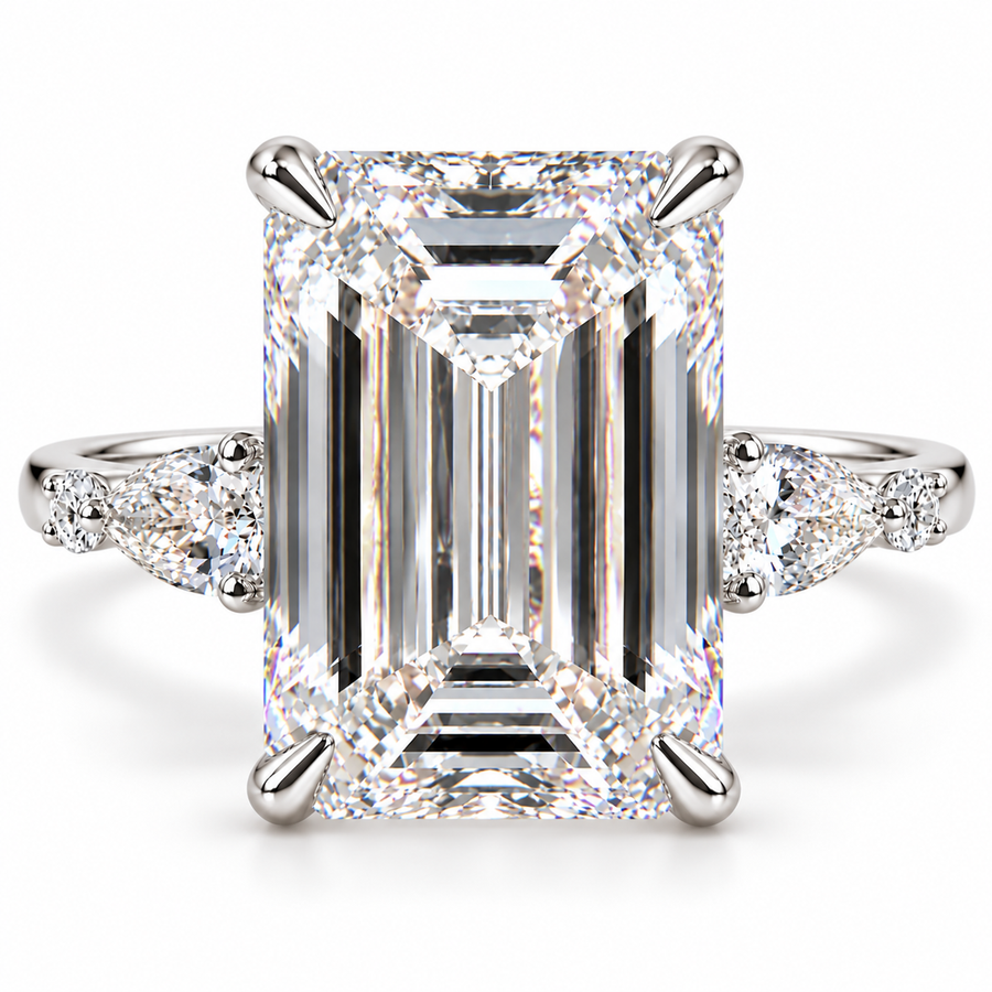 7 CT Emerald Cut Lab-Grown Diamond Engagement Ring, D–F Color, VS1–VS2 Clarity, IGI Certified, 14K White Gold, Side Stone Luxury Setting