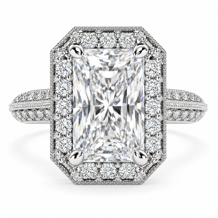 7 CT Beatrice Radiant Cut Lab-Grown Diamond Halo Pavé Knife Edge Milgrain Engagement Ring in 14K White Gold