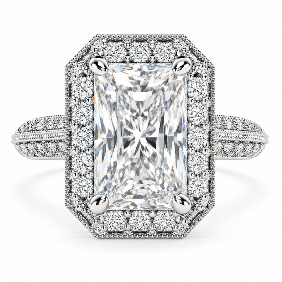 7 CT Beatrice Radiant Cut Lab-Grown Diamond Halo Pavé Knife Edge Milgrain Engagement Ring in 14K White Gold