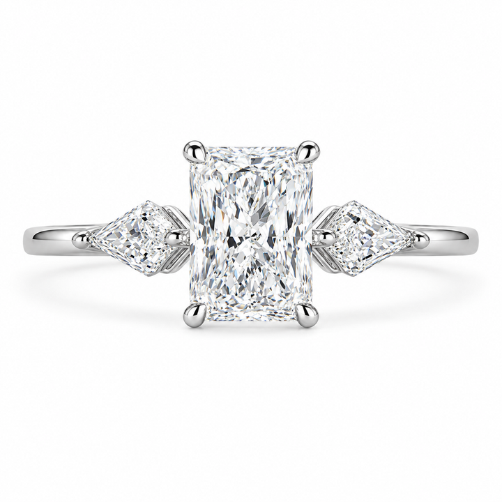 4 CT Radiant Cut Lab-Grown Diamond Three-Stone Engagement Ring with Kite Side Stones in 14K White Gold
