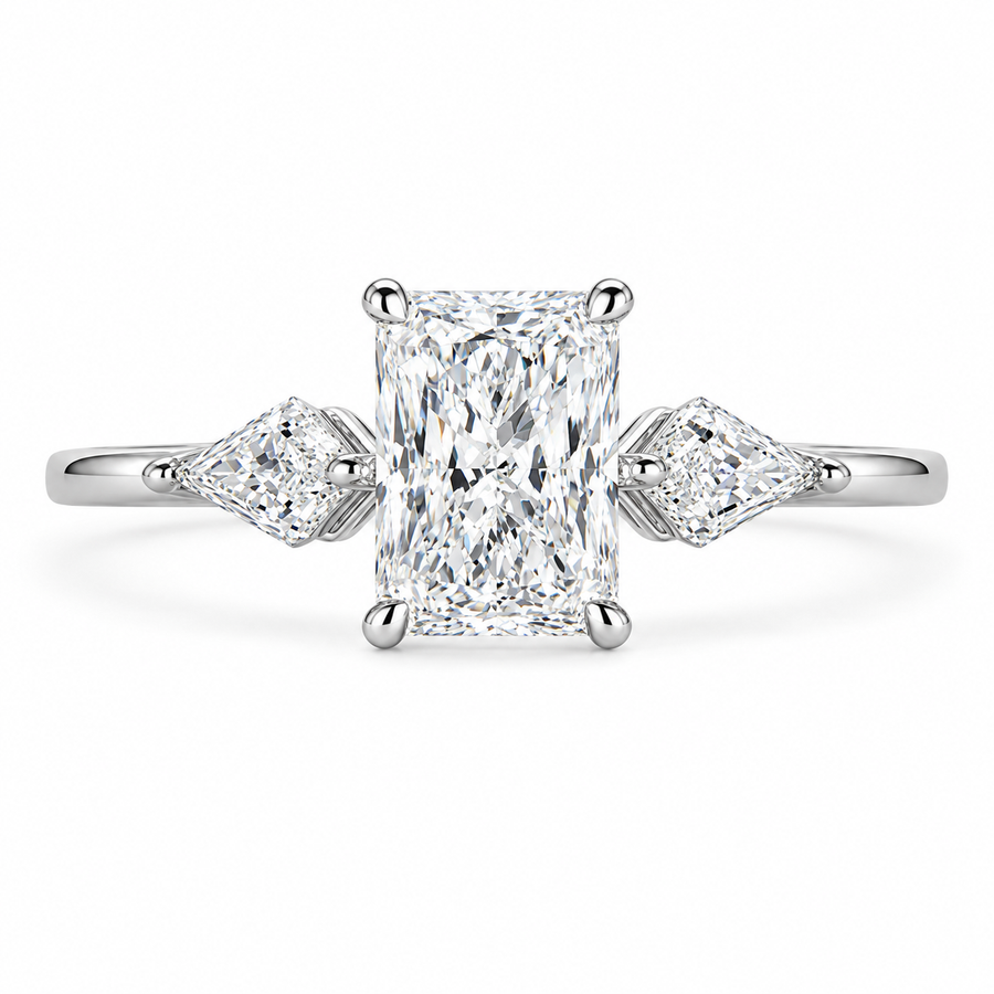 4 CT Radiant Cut Lab-Grown Diamond Three-Stone Engagement Ring with Kite Side Stones in 14K White Gold