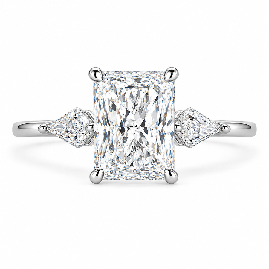 5 CT Radiant Cut Lab-Grown Diamond Three-Stone Engagement Ring with Kite Side Stones in 14K White Gold
