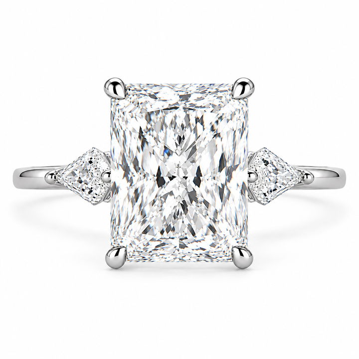 7 CT Radiant Cut Lab-Grown Diamond Three-Stone Engagement Ring with Kite Side Stones in 14K White Gold