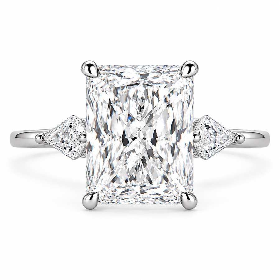 7 CT Radiant Cut Lab-Grown Diamond Three-Stone Engagement Ring with Kite Side Stones in 14K White Gold