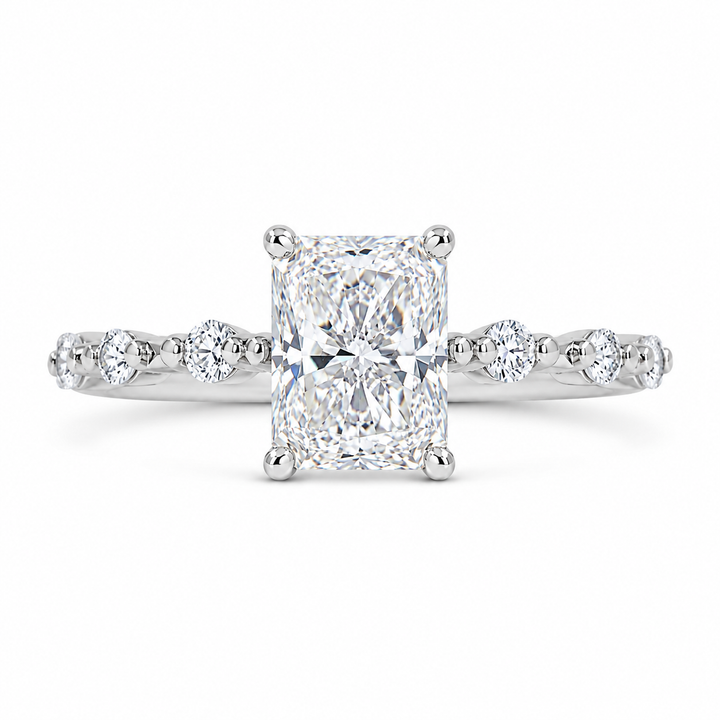 4 CT Radiant Cut Lab-Grown Diamond Hidden Halo Engagement Ring in 14K White Gold with Distance Pavé Wedding Band Design