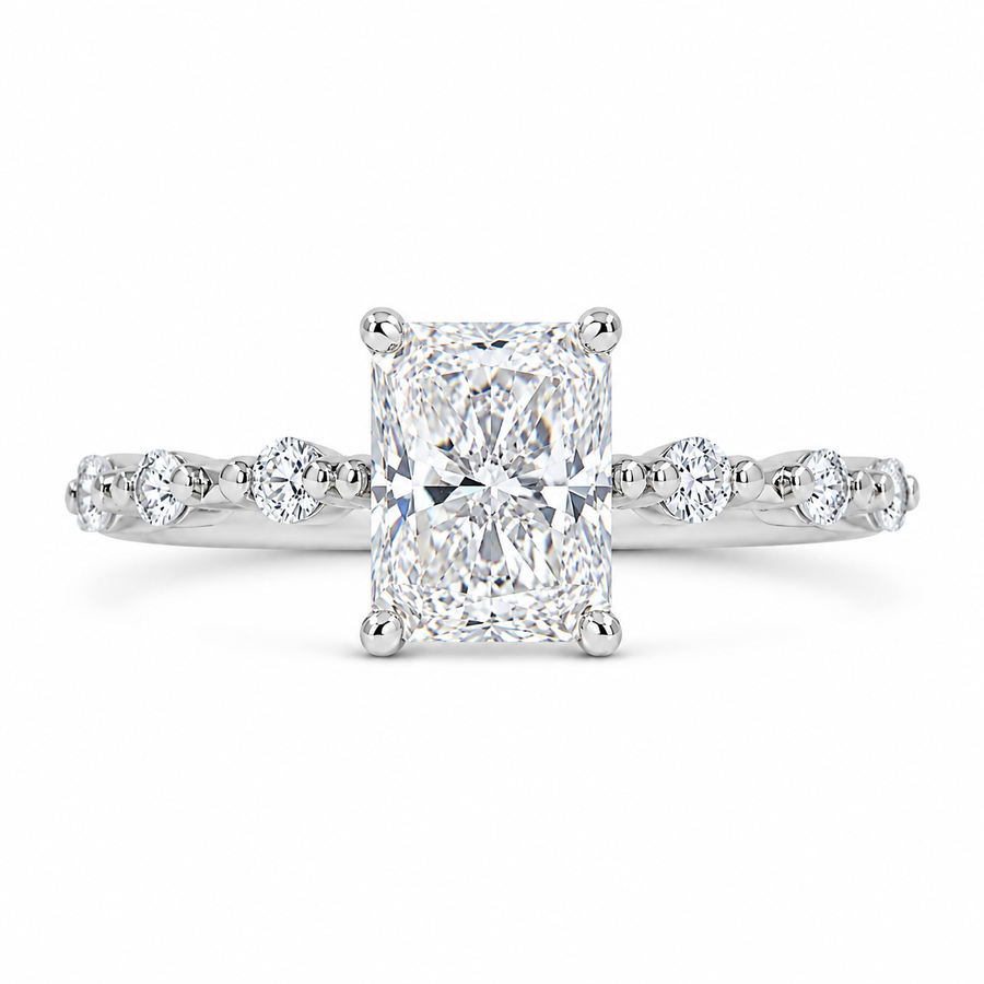 4 CT Radiant Cut Lab-Grown Diamond Hidden Halo Engagement Ring in 14K White Gold with Distance Pavé Wedding Band Design