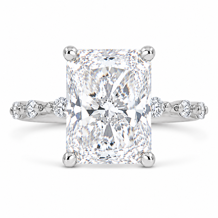 6 CT Radiant Cut Lab-Grown Diamond Hidden Halo Engagement Ring in 14K White Gold with Distance Pavé Wedding Band Design