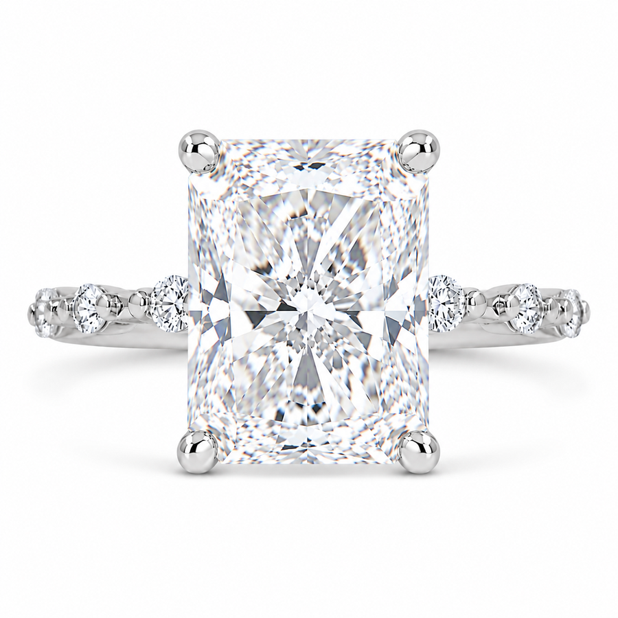 6 CT Radiant Cut Lab-Grown Diamond Hidden Halo Engagement Ring in 14K White Gold with Distance Pavé Wedding Band Design