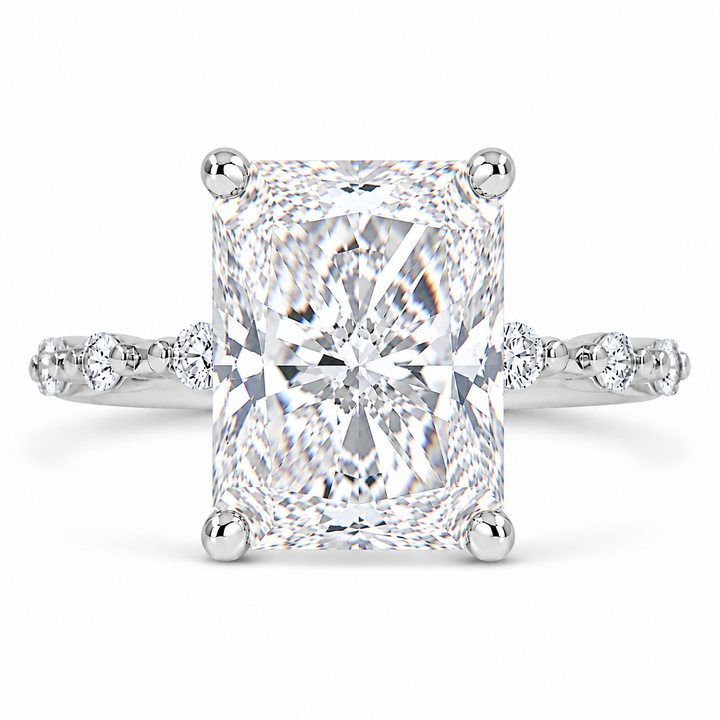 7 CT Radiant Cut Lab-Grown Diamond Hidden Halo Engagement Ring in 14K White Gold with Distance Pavé Wedding Band Design
