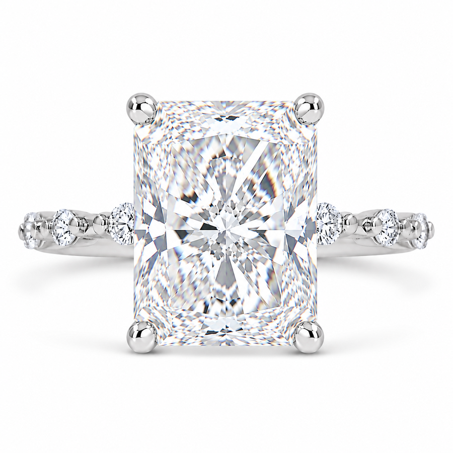 7 CT Radiant Cut Lab-Grown Diamond Hidden Halo Engagement Ring in 14K White Gold with Distance Pavé Wedding Band Design