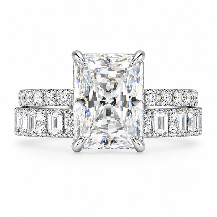 4 CT Radiant Cut Lab-Grown Diamond 2-Piece Bridal Set in 14K White Gold – Modern Stackable Wedding Ring Design