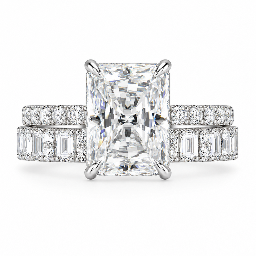 4 CT Radiant Cut Lab-Grown Diamond 2-Piece Bridal Set in 14K White Gold – Modern Stackable Wedding Ring Design