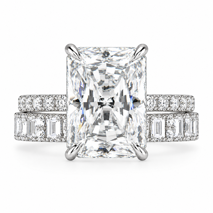 5 CT Radiant Cut Lab-Grown Diamond 2-Piece Bridal Set in 14K White Gold – Modern Stackable Wedding Ring Design