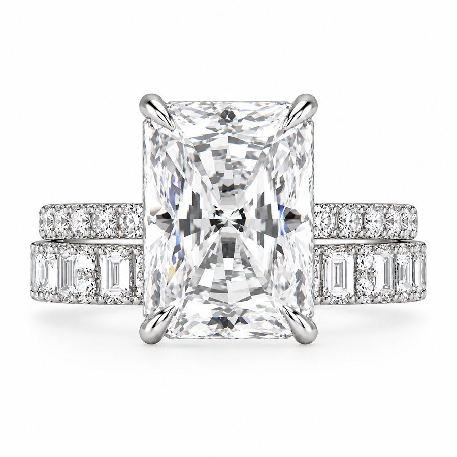 5 CT Radiant Cut Lab-Grown Diamond 2-Piece Bridal Set in 14K White Gold – Modern Stackable Wedding Ring Design
