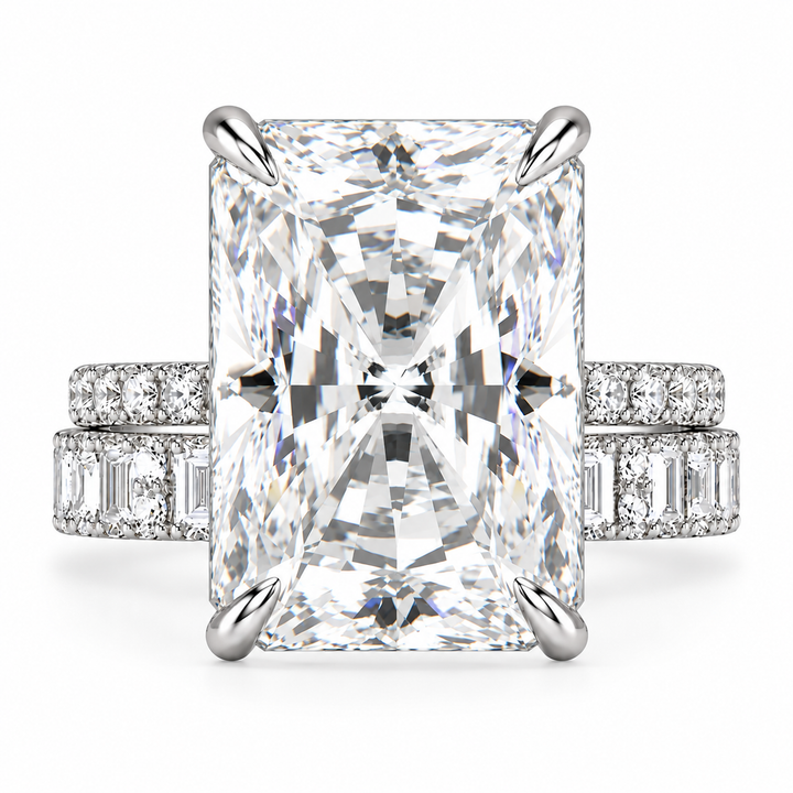 7 CT Radiant Cut Lab-Grown Diamond 2-Piece Bridal Set in 14K White Gold – Modern Stackable Wedding Ring Design
