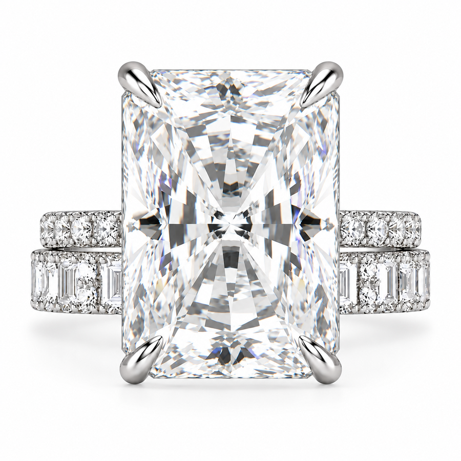 7 CT Radiant Cut Lab-Grown Diamond 2-Piece Bridal Set in 14K White Gold – Modern Stackable Wedding Ring Design