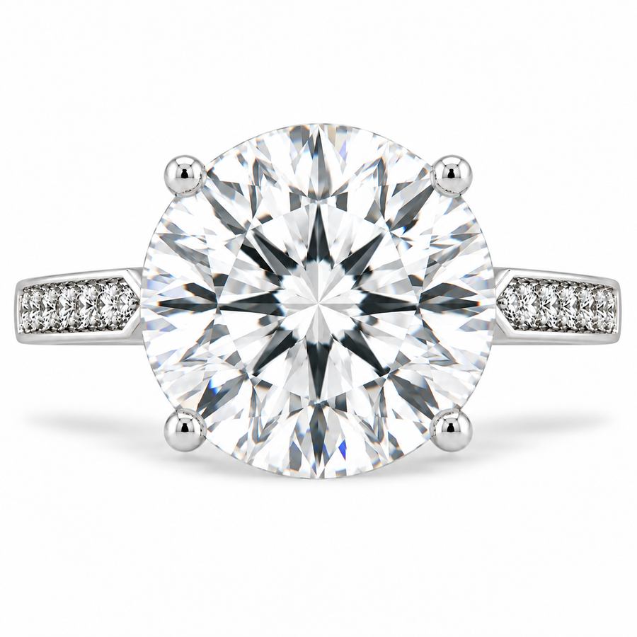 6 Carat Round Cut Lab-Grown Diamond Pavé 4-Prong Engagement Ring