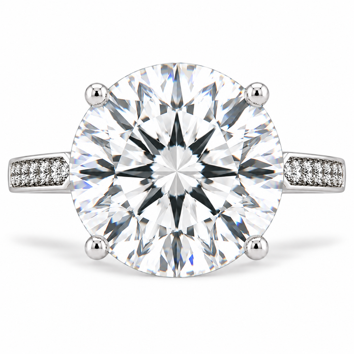 7 Carat Round Cut Lab-Grown Diamond Pavé 4-Prong Engagement Ring