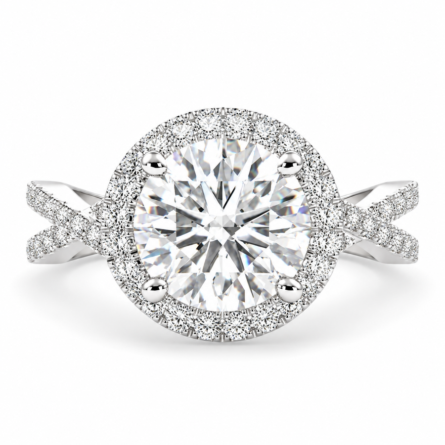 Ophelia 4 Carat Round Cut Lab-Grown Diamond Pavé Halo Split Shank Engagement Ring