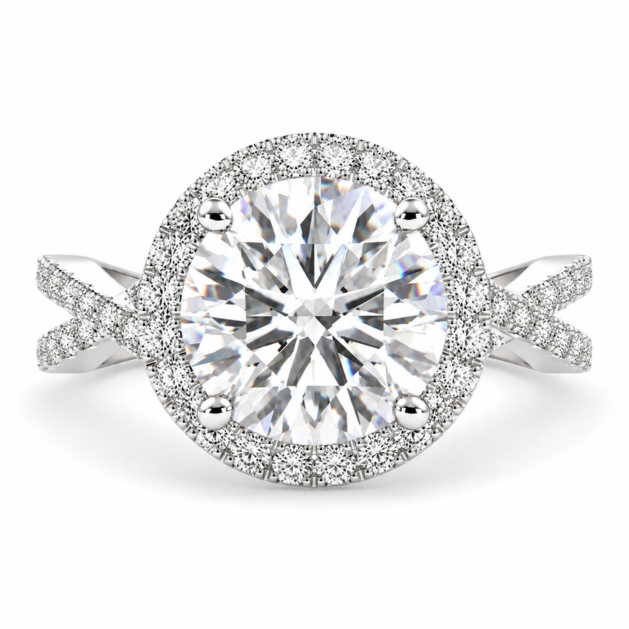 Ophelia 5 Carat Round Cut Lab-Grown Diamond Pavé Halo Split Shank Engagement Ring
