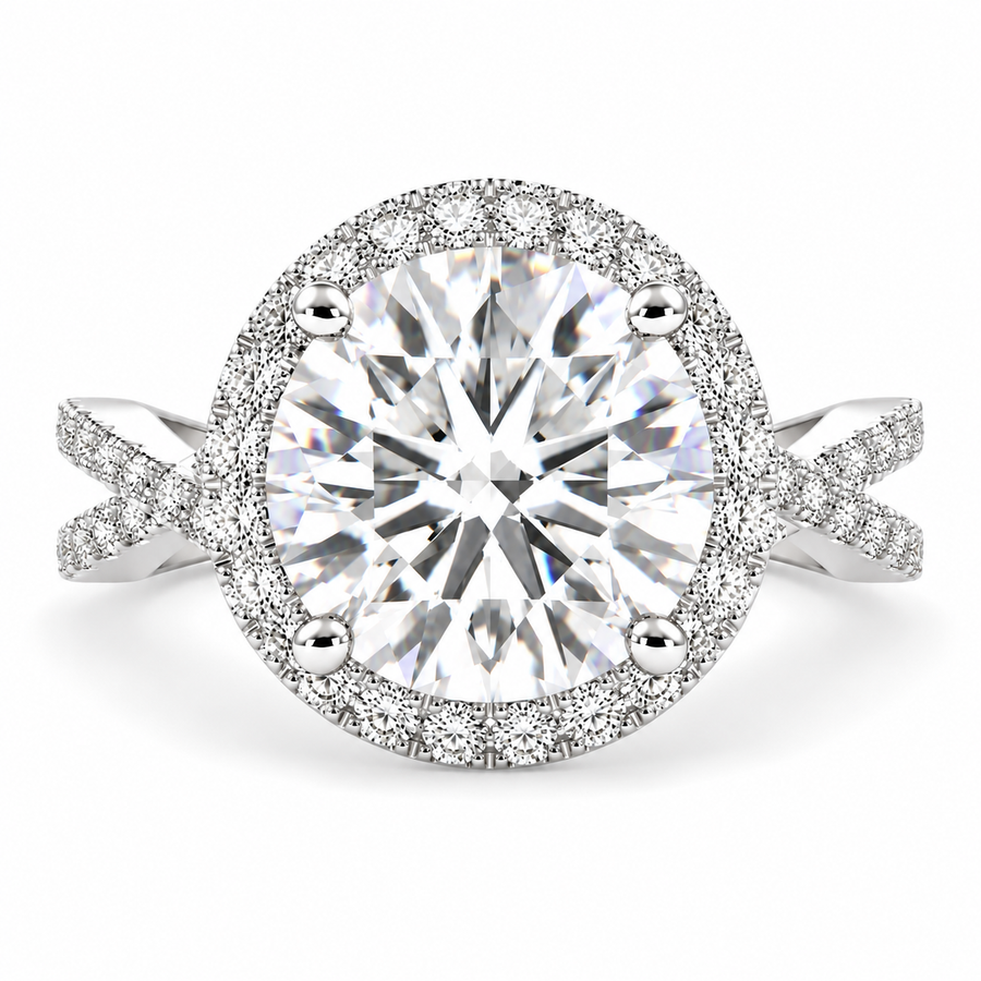 Ophelia 6 Carat Round Cut Lab-Grown Diamond Pavé Halo Split Shank Engagement Ring