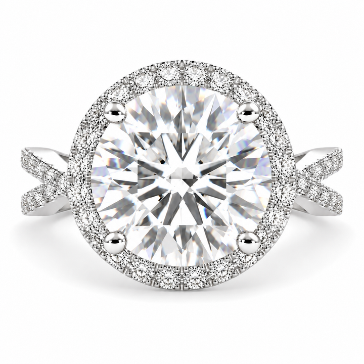 Ophelia 7 Carat Round Cut Lab-Grown Diamond Pavé Halo Split Shank Engagement Ring