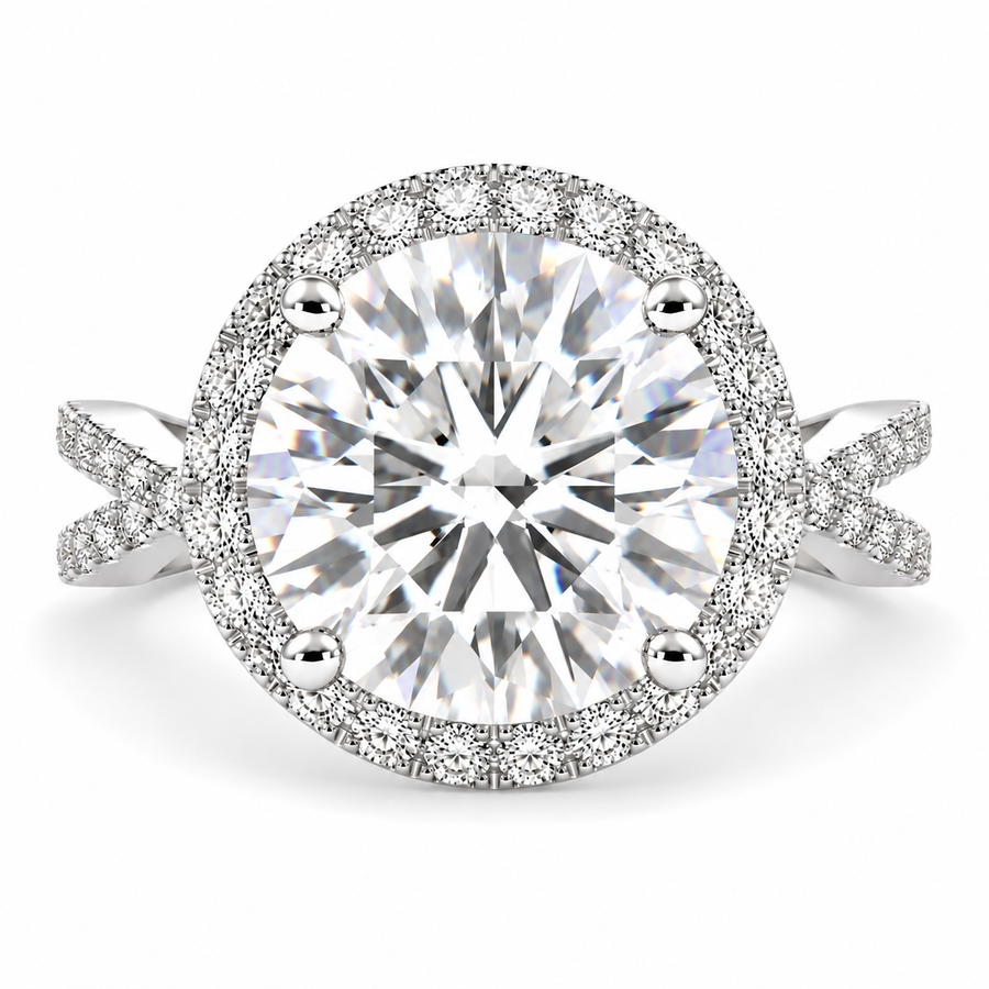 Ophelia 7 Carat Round Cut Lab-Grown Diamond Pavé Halo Split Shank Engagement Ring