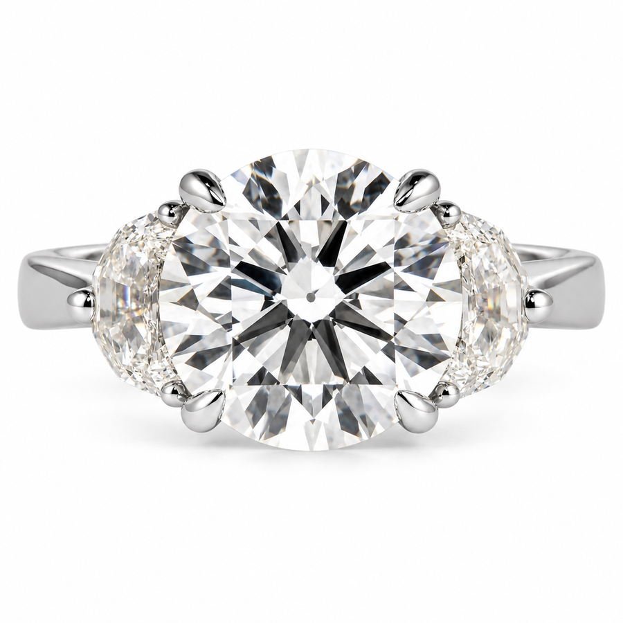 5 Carat Round Cut Lab-Grown Diamond Half Moon Three-Stone Engagement Ring