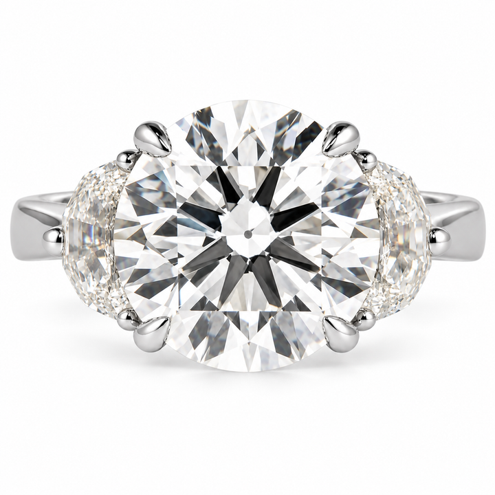 6 Carat Round Cut Lab-Grown Diamond Half Moon Three-Stone Engagement Ring