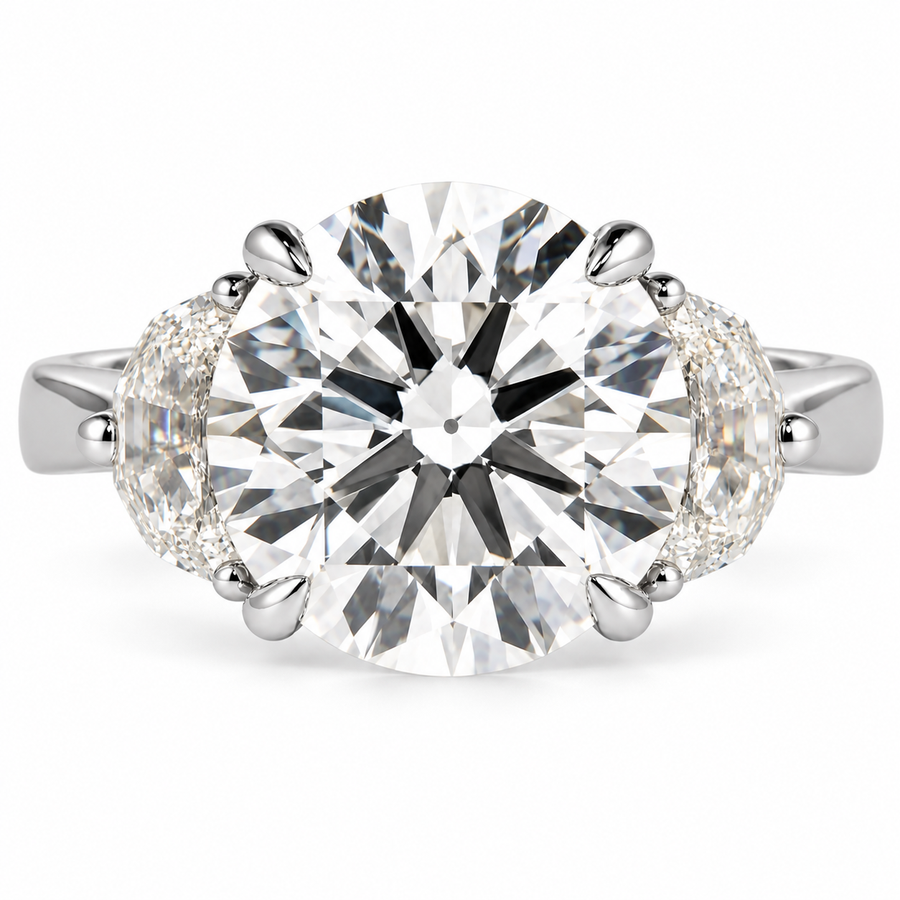 6 Carat Round Cut Lab-Grown Diamond Half Moon Three-Stone Engagement Ring