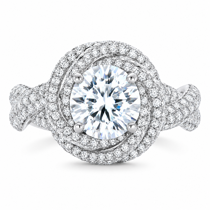5 Carat Round Brilliant Cut Lab-Grown Diamond Criss-Cross Pavé Knot Engagement Ring