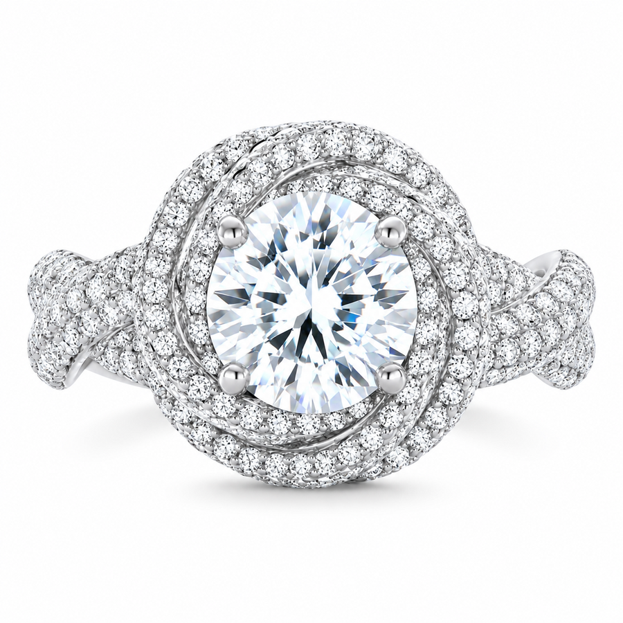 5 Carat Round Brilliant Cut Lab-Grown Diamond Criss-Cross Pavé Knot Engagement Ring