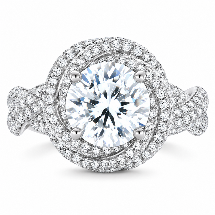 6 Carat Round Brilliant Cut Lab-Grown Diamond Criss-Cross Pavé Knot Engagement Ring