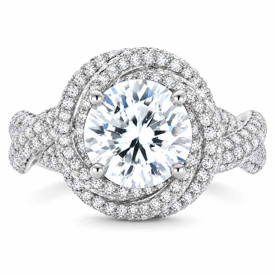 6 Carat Round Brilliant Cut Lab-Grown Diamond Criss-Cross Pavé Knot Engagement Ring