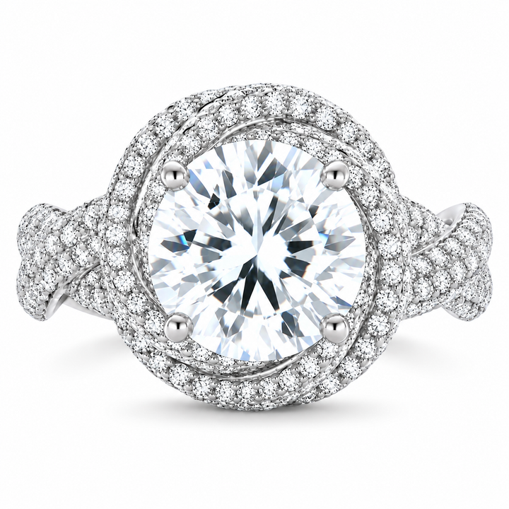 7 Carat Round Brilliant Cut Lab-Grown Diamond Criss-Cross Pavé Knot Engagement Ring