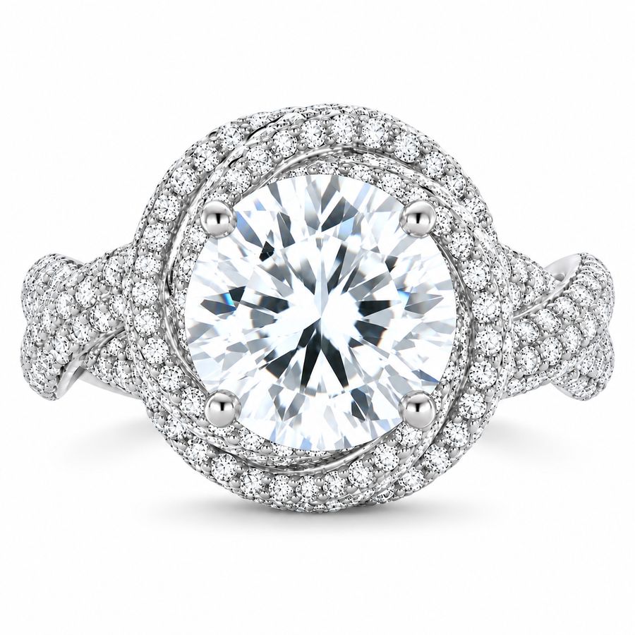 7 Carat Round Brilliant Cut Lab-Grown Diamond Criss-Cross Pavé Knot Engagement Ring