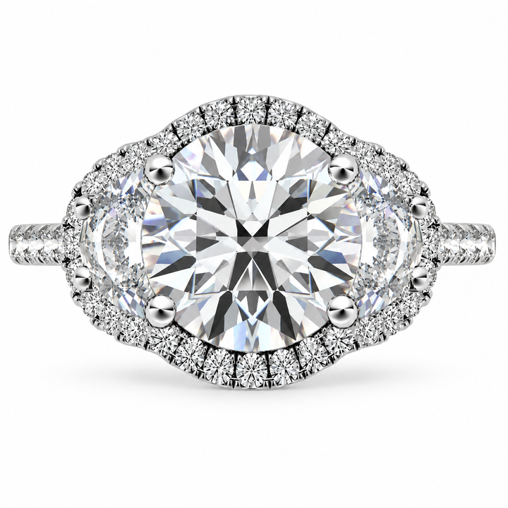 6 Carat Round Cut Lab-Grown Diamond Half Moon Halo Engagement Ring