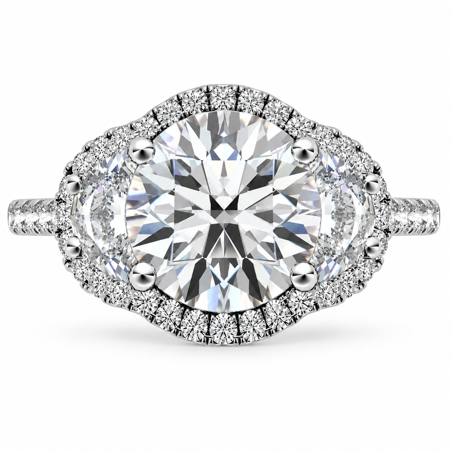 6 Carat Round Cut Lab-Grown Diamond Half Moon Halo Engagement Ring