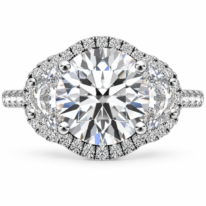 7 Carat Round Cut Lab-Grown Diamond Half Moon Halo Engagement Ring