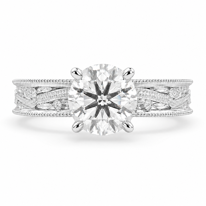 Sabrina 4 Carat Round Cut Lab-Grown Diamond Solitaire Hand-Engraved Milgrain Engagement Ring