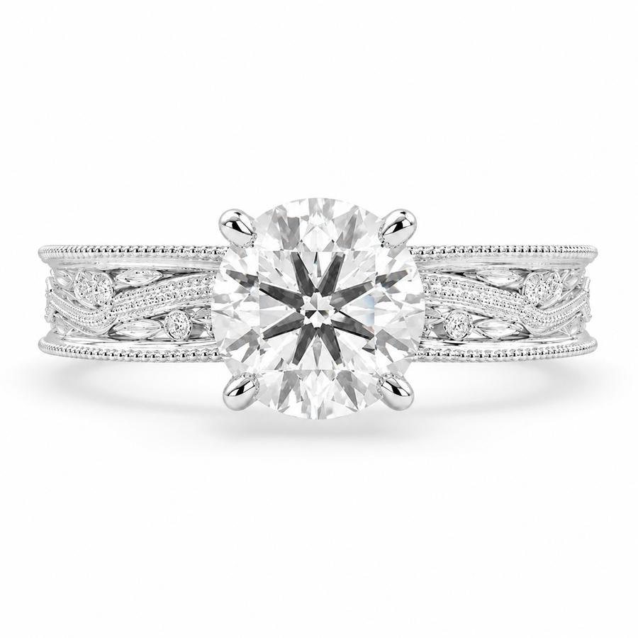 Sabrina 4 Carat Round Cut Lab-Grown Diamond Solitaire Hand-Engraved Milgrain Engagement Ring