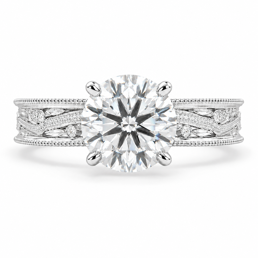 Sabrina 5 Carat Round Cut Lab-Grown Diamond Solitaire Hand-Engraved Milgrain Engagement Ring