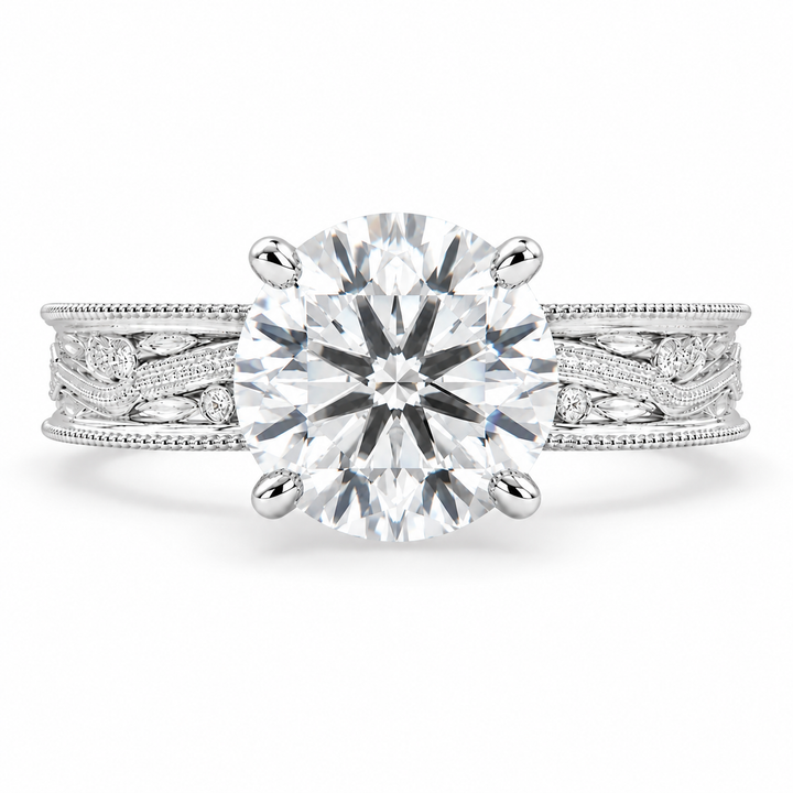 Sabrina 6 Carat Round Cut Lab-Grown Diamond Solitaire Hand-Engraved Milgrain Engagement Ring